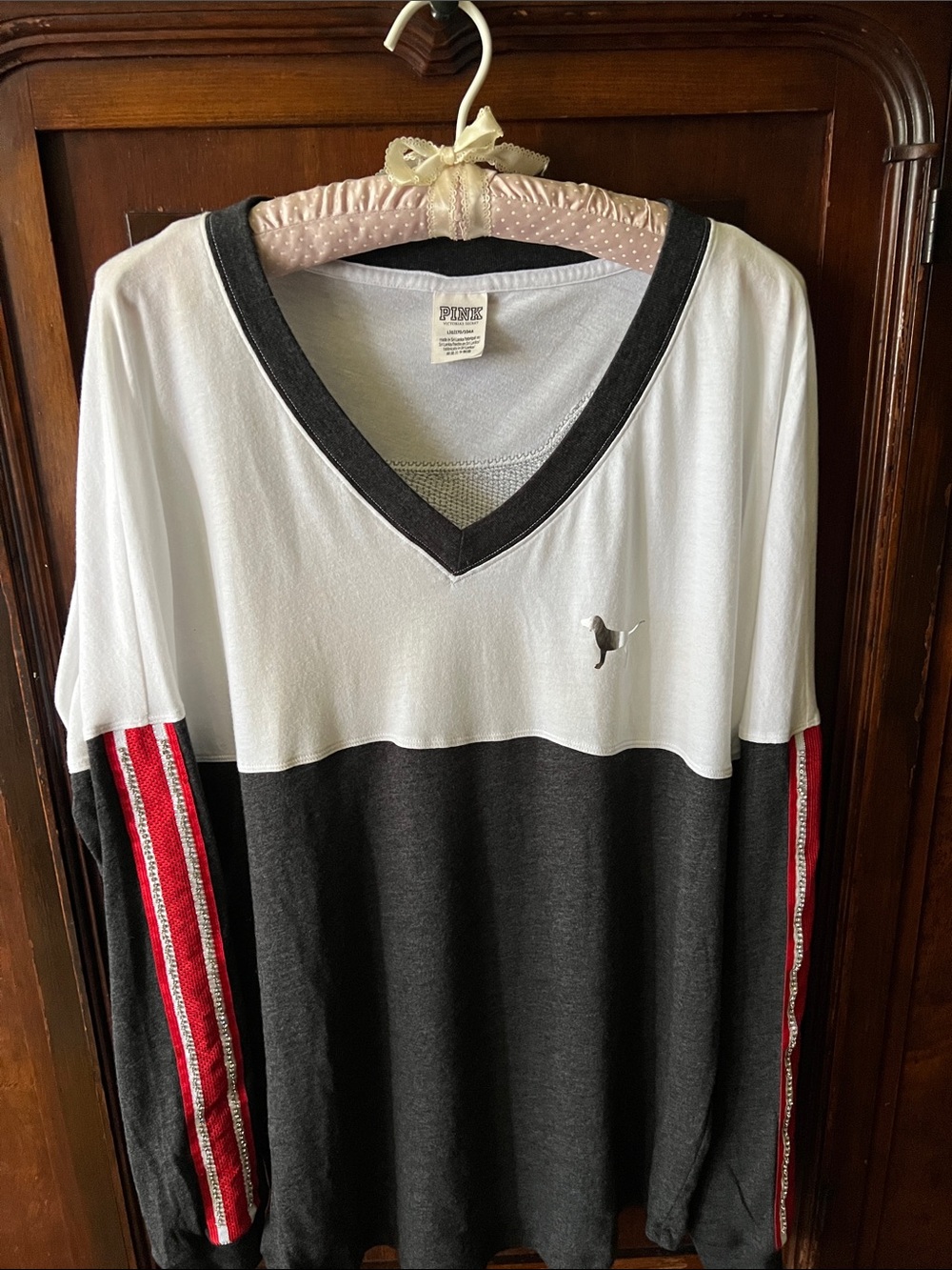 PINK Victoria's Secret Colorblock Long Sleeve Tee in White, Charcoal & Red